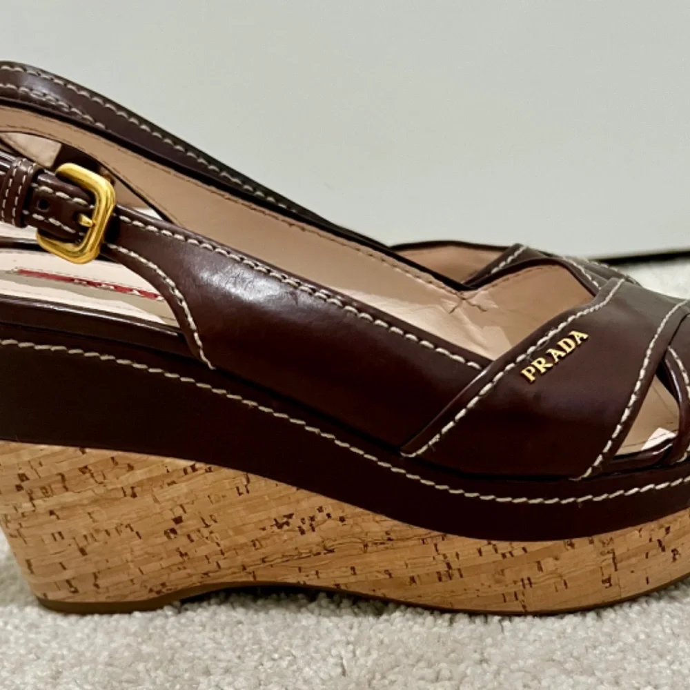 Prada Cork Wedge Sandals Brown Leather EU 39 US 8.5 Resort Luxury Italy